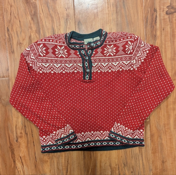 L.L. Bean pullover Cotton Knit Sweater Red White Green VTG Cabincore Girls 10/12 - Picture 1 of 6